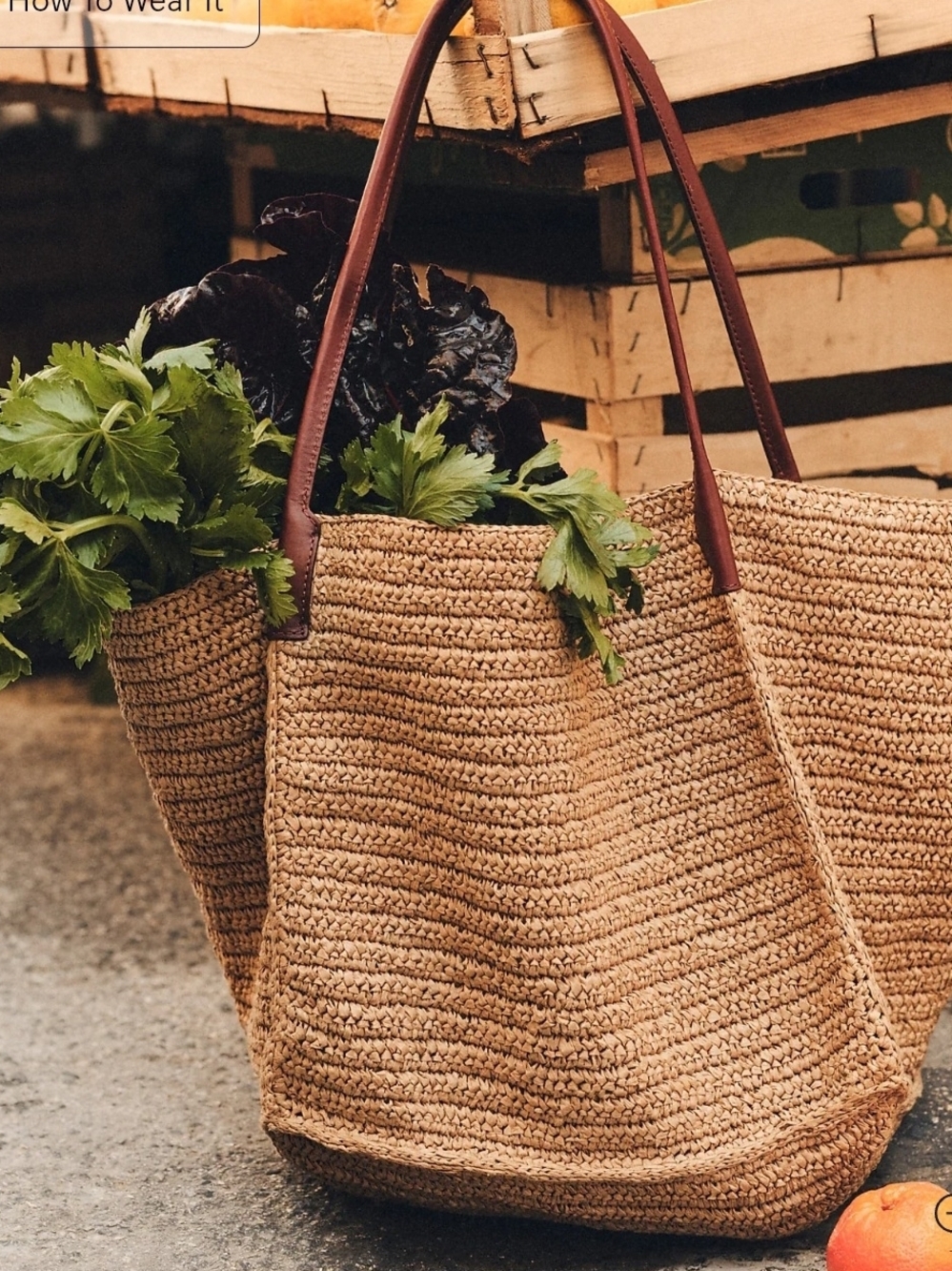 Woven Straw Tote Bag with Brown Leather Handles - Natural
